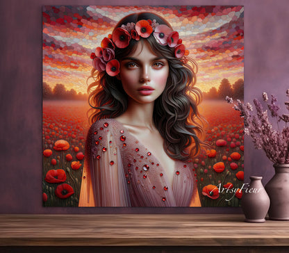 Framed canvas- Original Artwork Vibrant Poppies watercolour floral painting beautiful brunette woman ready to hang wall art print, abstract portrait