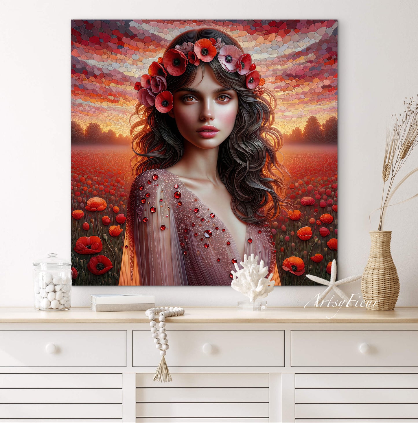Framed canvas- Original Artwork Vibrant Poppies watercolour floral painting beautiful brunette woman ready to hang wall art print, abstract portrait