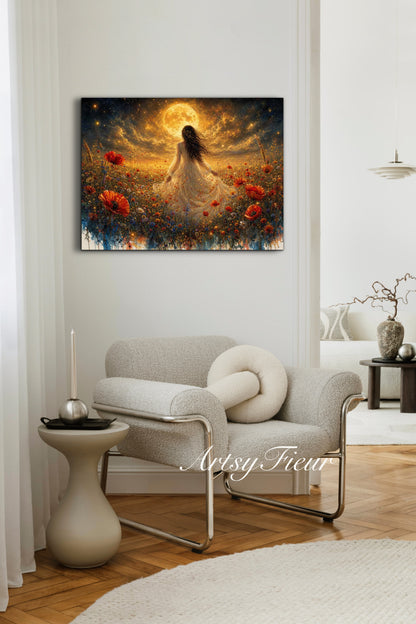 Framed Canvas - Vibrant poppies and wildflowers Whimsical Full Moon starry night sky Bride in Poppy Field, Wall Art Ready to hang original Artwork Print
