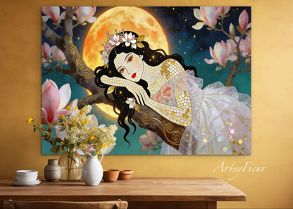 Framed Canvas- Vibrant Magnolia Flowers Beautiful Brunette Woman’s Abstract Portrait Mosaic Original Artwork Fantasy Wall Art Print Mother Nature