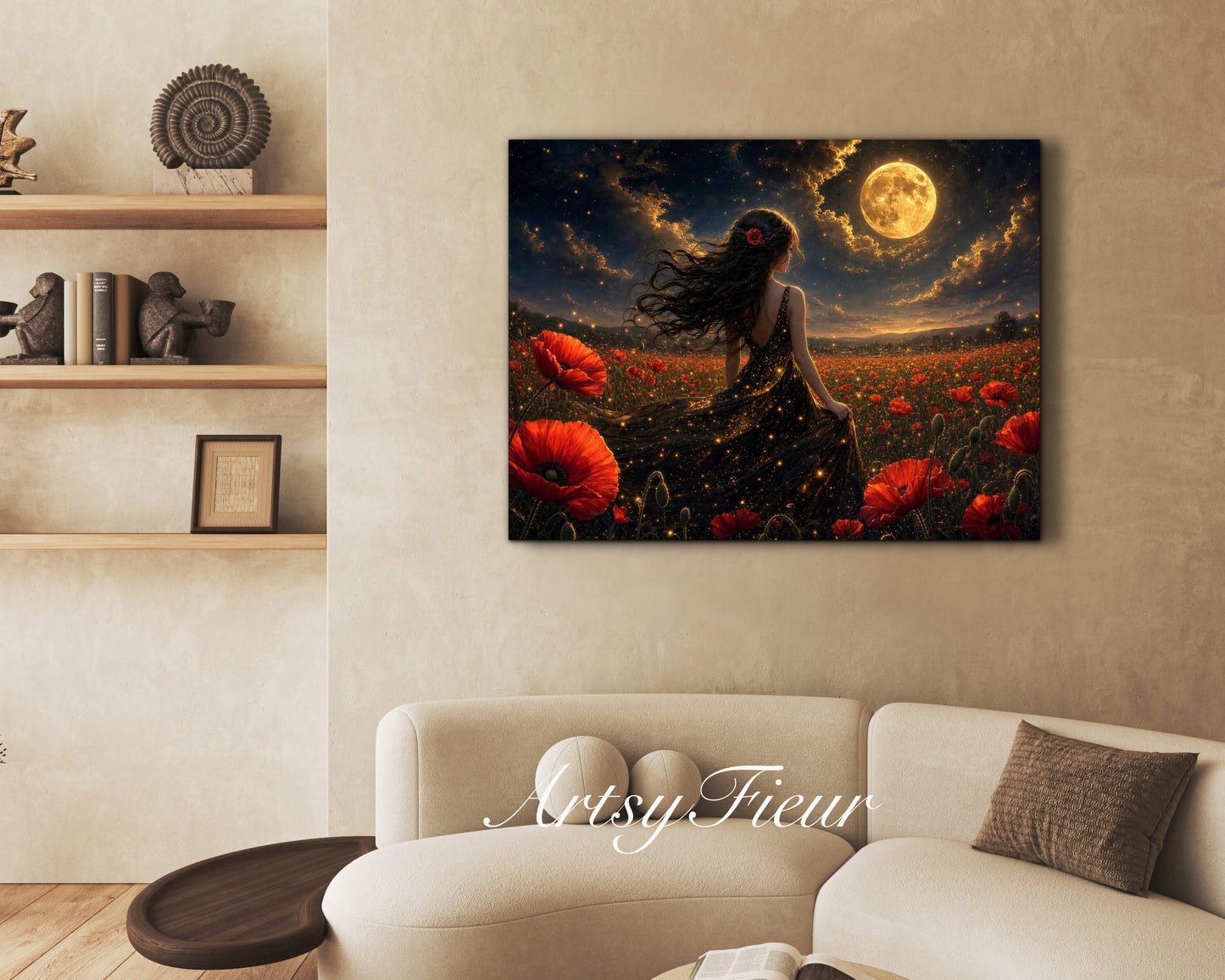 Framed Canvas - Vibrant Poppies Whimsical Full Moon Bride in Poppy Field, Wall Art Ready to hang Oil Painting Original Artwork Print Black Wedding Dress