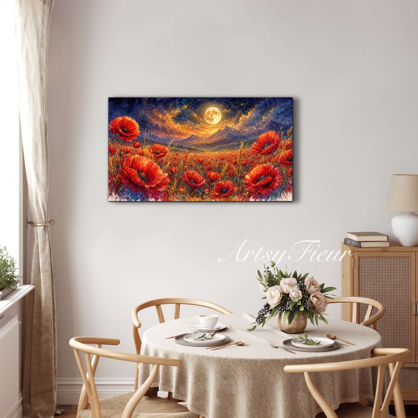 ArtsyFieur Framed Canvas - vibrant poppies whimsical lights full moon living room colourful wall art