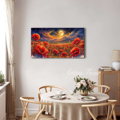 ArtsyFieur Framed Canvas - vibrant poppies whimsical lights full moon living room colourful wall art
