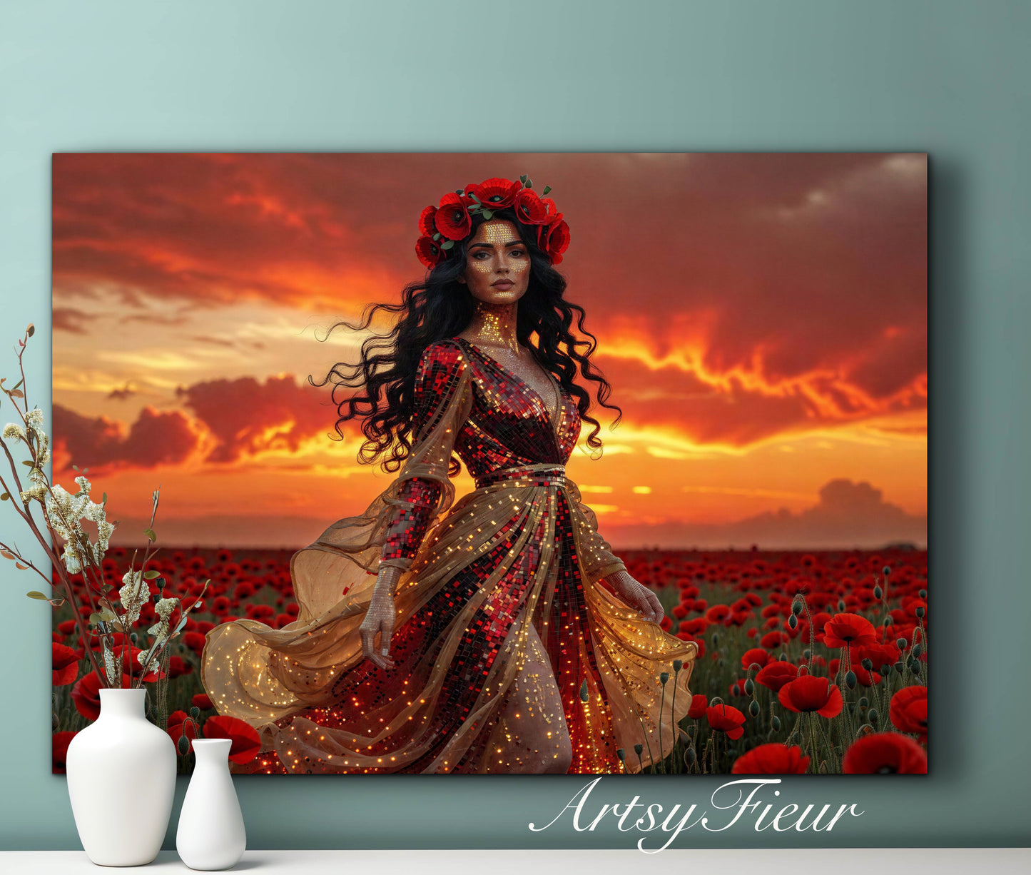 Framed Canvas - Vibrant Poppies Whimsical Sunset Beautiful Brunette in Poppy Field, Wall Art Ready to hang Oil Painting Original Artwork Print