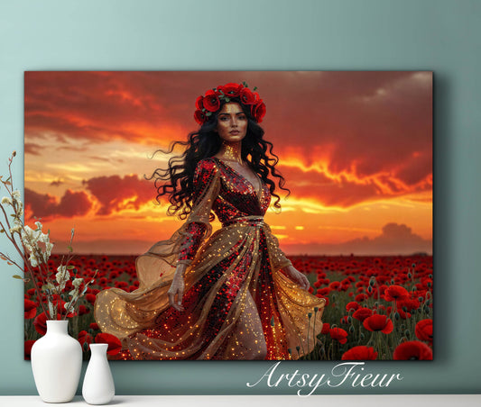Framed Canvas - Vibrant Poppies Whimsical Sunset Beautiful Brunette in Poppy Field, Wall Art Ready to hang Oil Painting Original Artwork Print