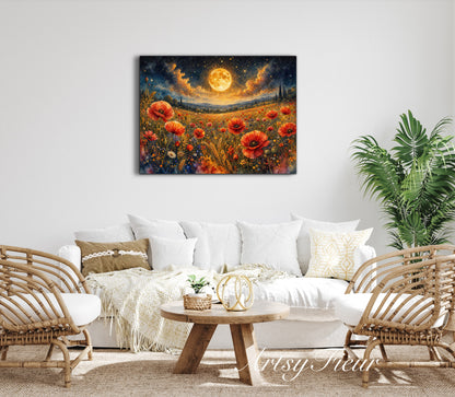 Framed Canvas Print- Vibrant Wildflowers and Poppies Oil Painting Textured Wall Art , Beautiful Original Artwork Ready to Hang Living Room, Floral