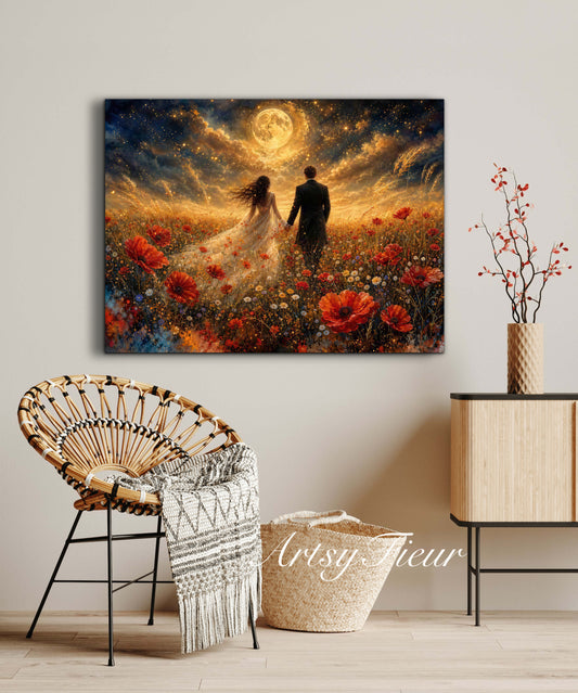 Framed canvas- whimsical full moon sunset -bride and groom, wedding gift, fantasy oil painting bedroom wall art print floral poppies field colourful vibrant colours