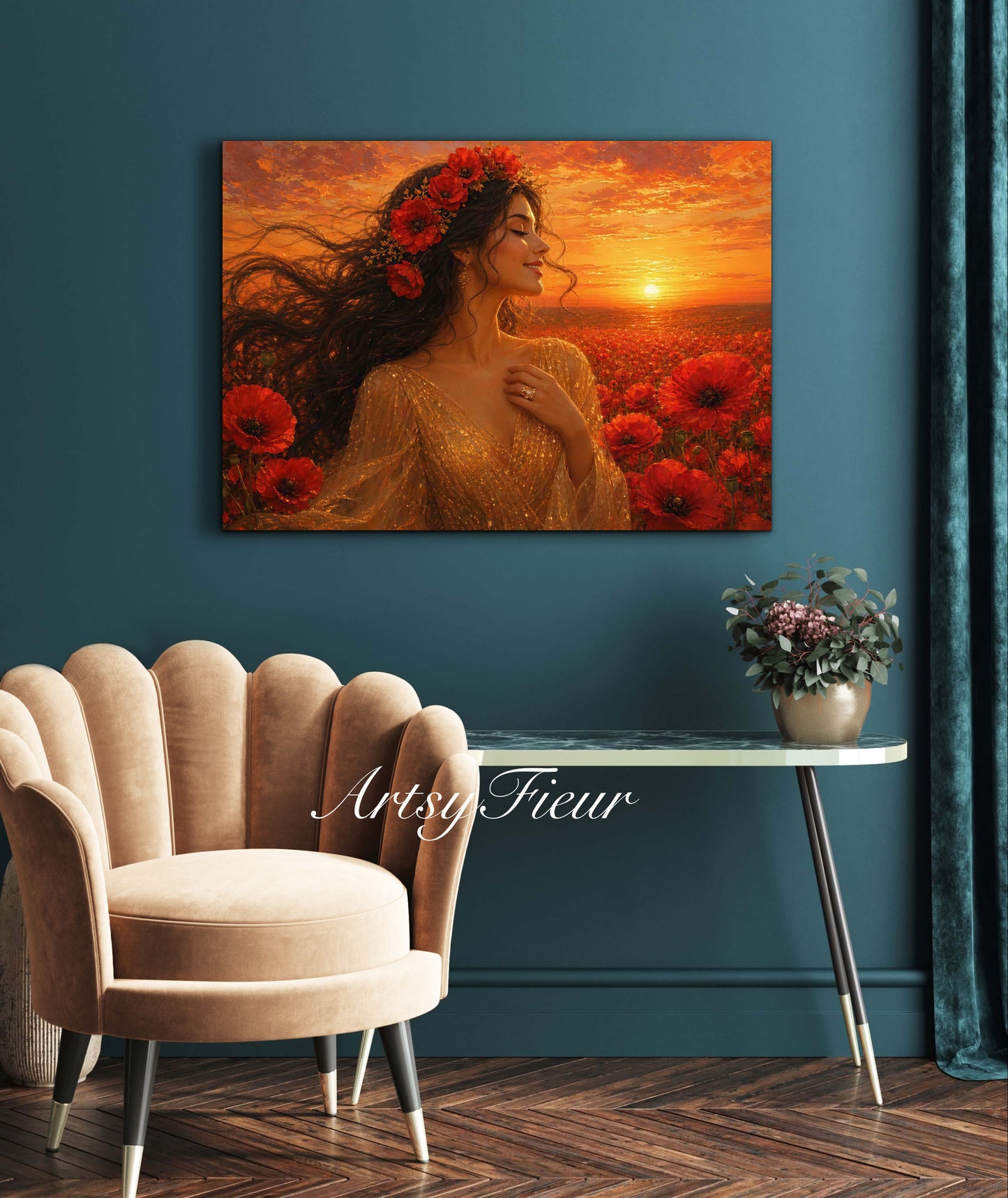 Framed Canvas - Vibrant Poppies Whimsical Full Moon Bride in Poppy Field, Wall Art Ready to hang Oil Painting Original Artwork Print