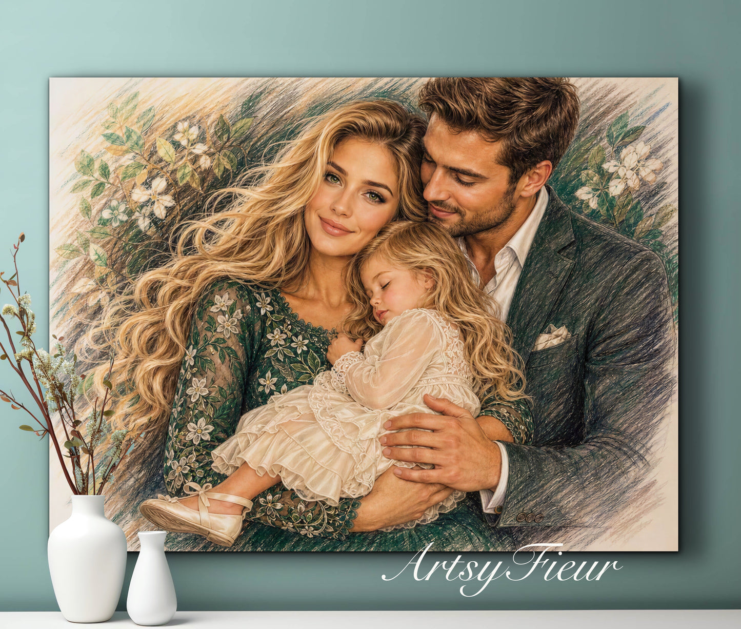 Framed Canvas- Vibrant Mother and Daughter Dad Family Portrait Fantasy Drawing Wall Art Print