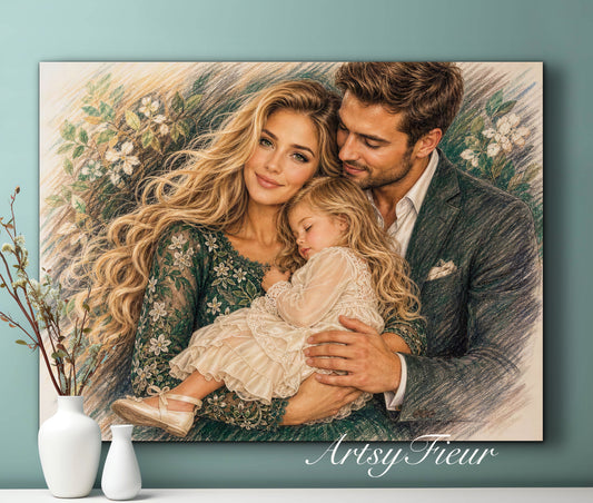 Framed Canvas- Vibrant Mother and Daughter Dad Family Portrait Fantasy Drawing Wall Art Print