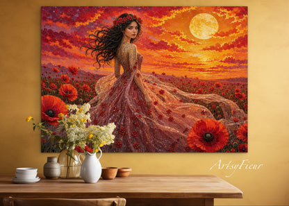 Framed Canvas - Vibrant Poppies Whimsical Full Moon Bride in Poppy Field, Wall Art Ready to hang Oil Painting Original Artwork Print