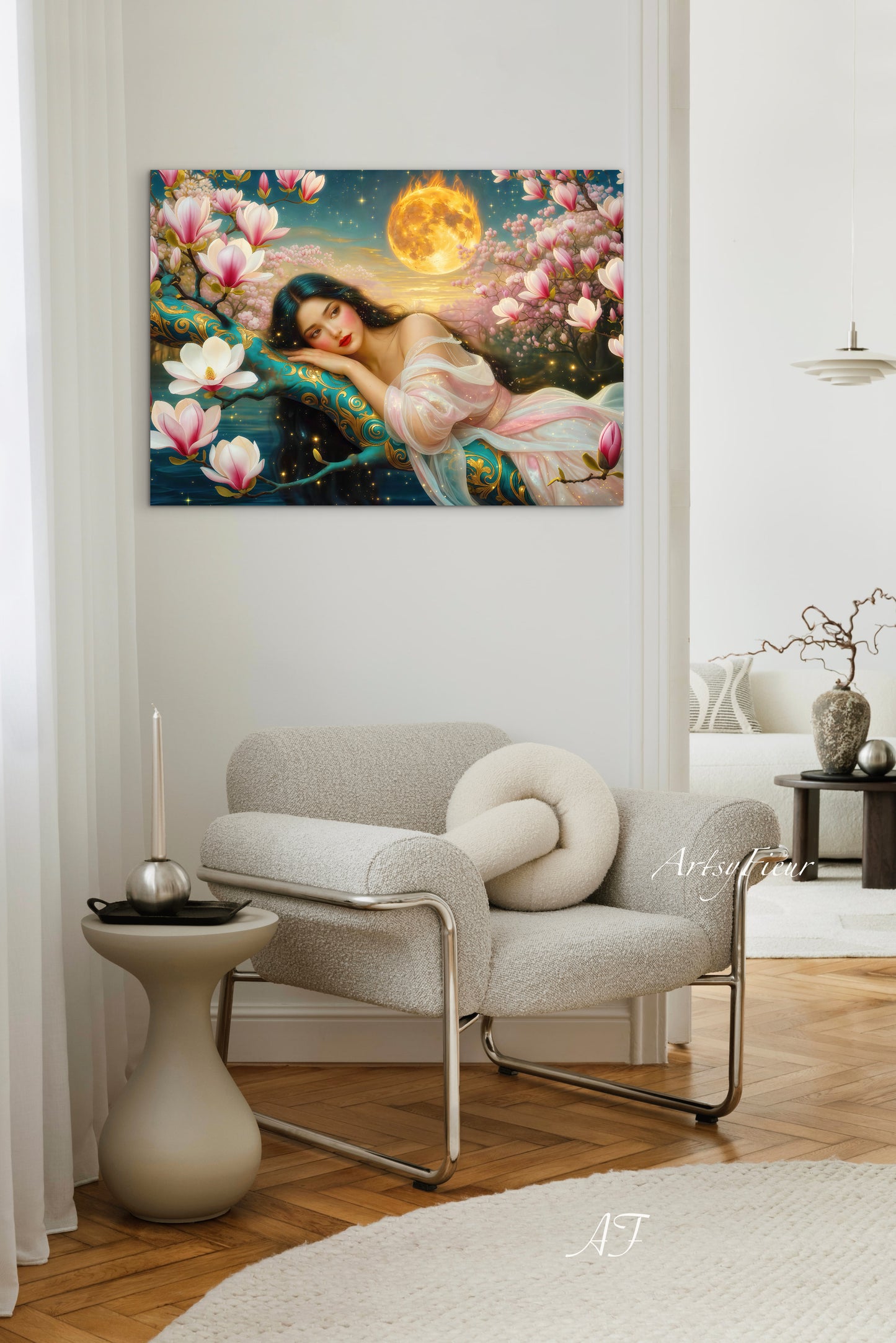Framed Canvas- Vibrant Magnolia Flowers Beautiful Brunette Woman’s Abstract Portrait Original Artwork Fantasy Wall Art Print