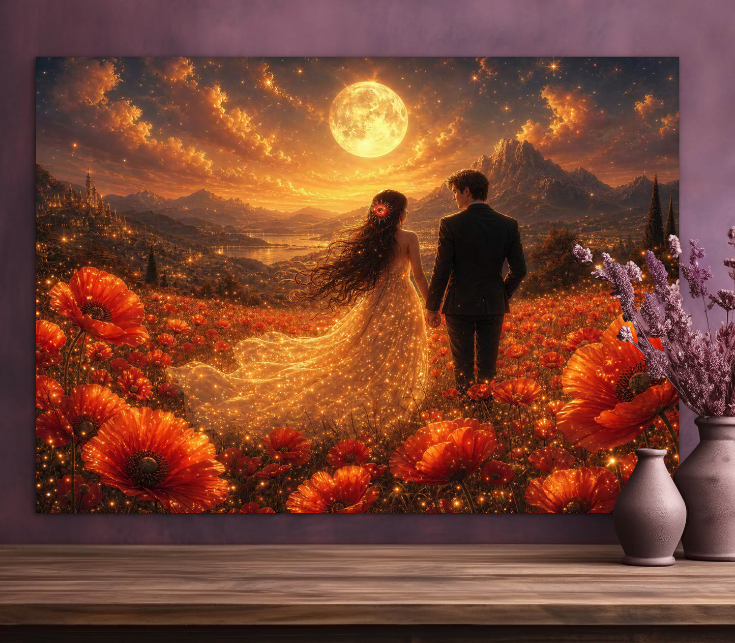 Framed canvas- whimsical full moon sunset bride and groom, wedding, poppy field, vibrant colours living room original artwork, fantasy oil painting wall art print
