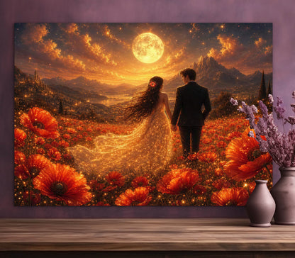 Framed canvas- whimsical full moon sunset bride and groom, wedding, poppy field, vibrant colours living room original artwork, fantasy oil painting wall art print