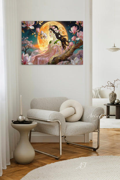 Framed Canvas- Vibrant Magnolia Flowers Beautiful Brunette Woman’s Abstract Portrait Mosaic Original Artwork Fantasy Wall Art Print Mother Nature