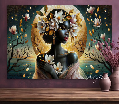 Framed Canvas- Vibrant Magnolia Flowers Beautiful Black Woman’s Abstract Portrait Mosaic Original Artwork Fantasy Wall Art Print