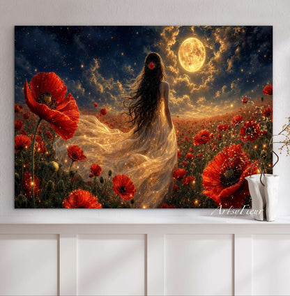 Framed Canvas - Vibrant Poppies Whimsical Full Moon Bride in Poppy Field, Wall Art Ready to hang Oil Painting Original Artwork Print