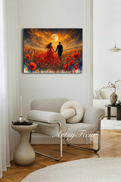 Framed canvas- whimsical full moon sunset -bride and groom, wedding gift, fantasy oil painting bedroom wall art print floral poppies field colourful vibrant colours