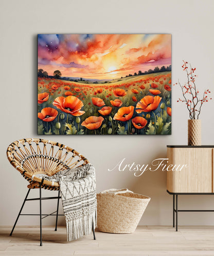Framed canvas- ready to hand wall art print, beautiful vibrant colours watercolour fantasy painting poppy field at sunset flowers , floral field landscape, unique gift,  one of a kind original artwork
