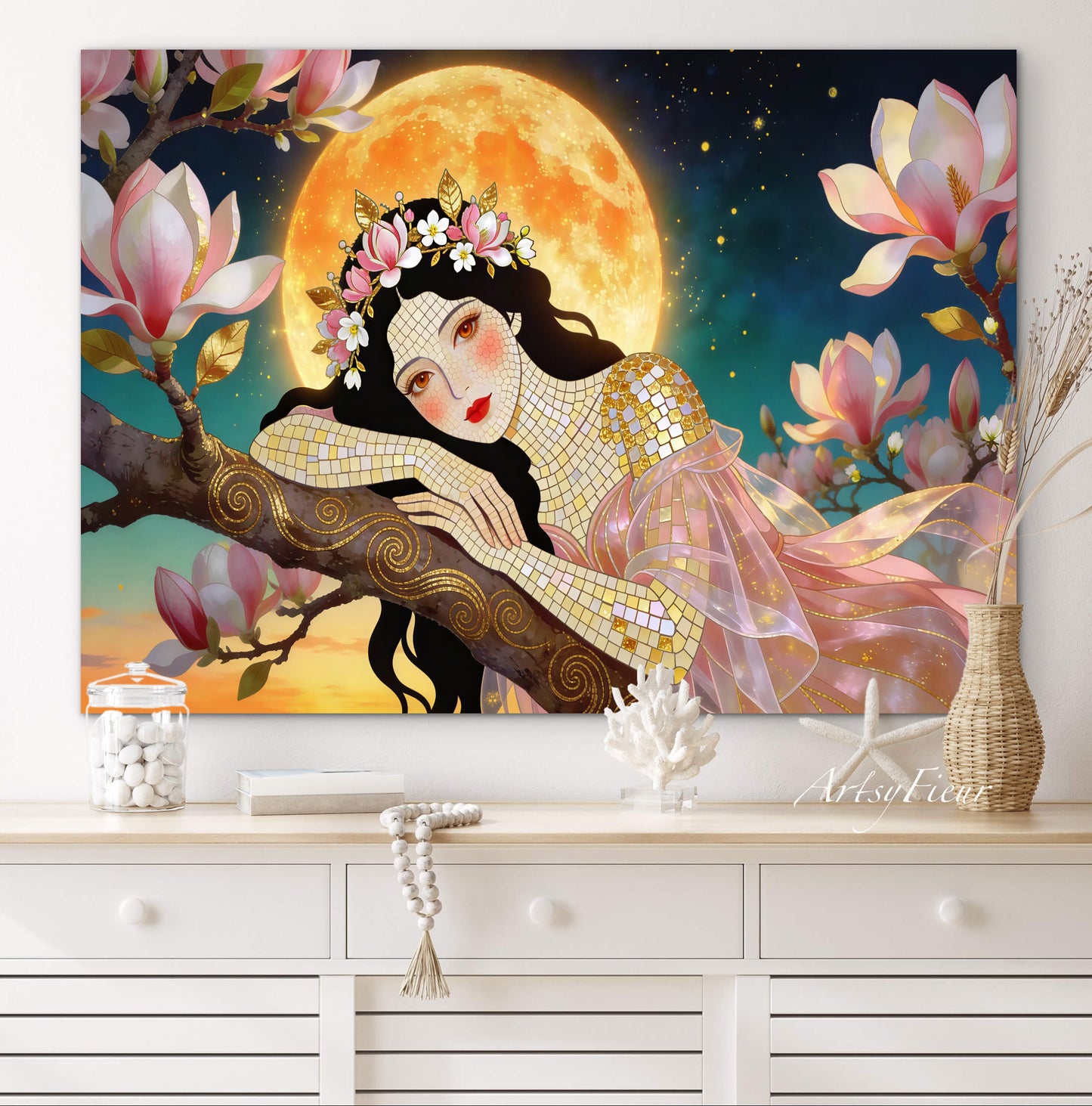 Framed Canvas- Vibrant Magnolia Flowers Beautiful Brunette Woman’s Abstract Portrait Mosaic Original Artwork Fantasy Wall Art Print