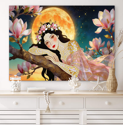 Framed Canvas- Vibrant Magnolia Flowers Beautiful Brunette Woman’s Abstract Portrait Mosaic Original Artwork Fantasy Wall Art Print