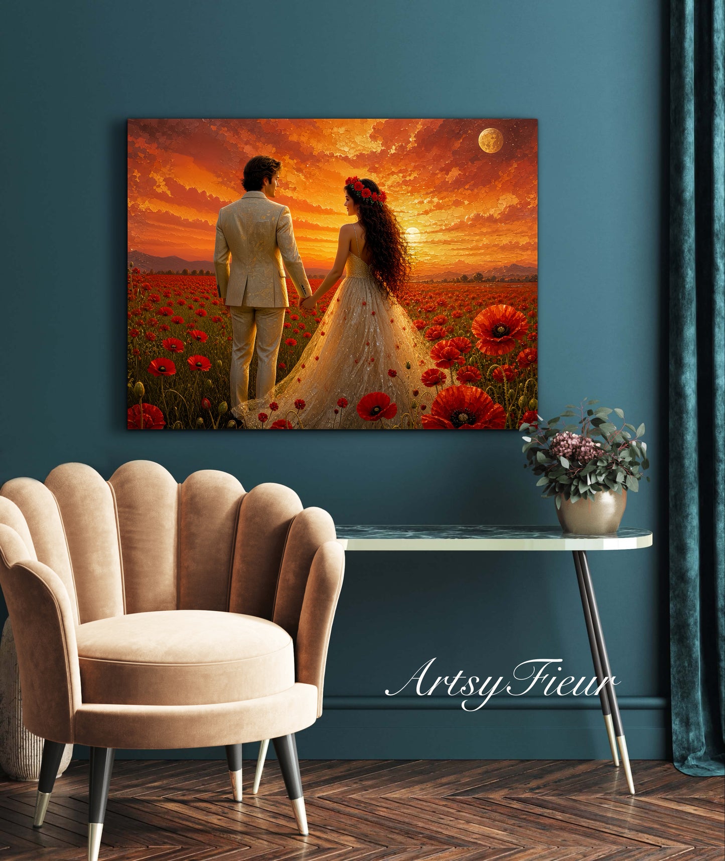 Framed canvas- whimsical full moon sunset bride and groom, wedding, poppy field, vibrant colours living room original artwork, fantasy oil painting wall art print
