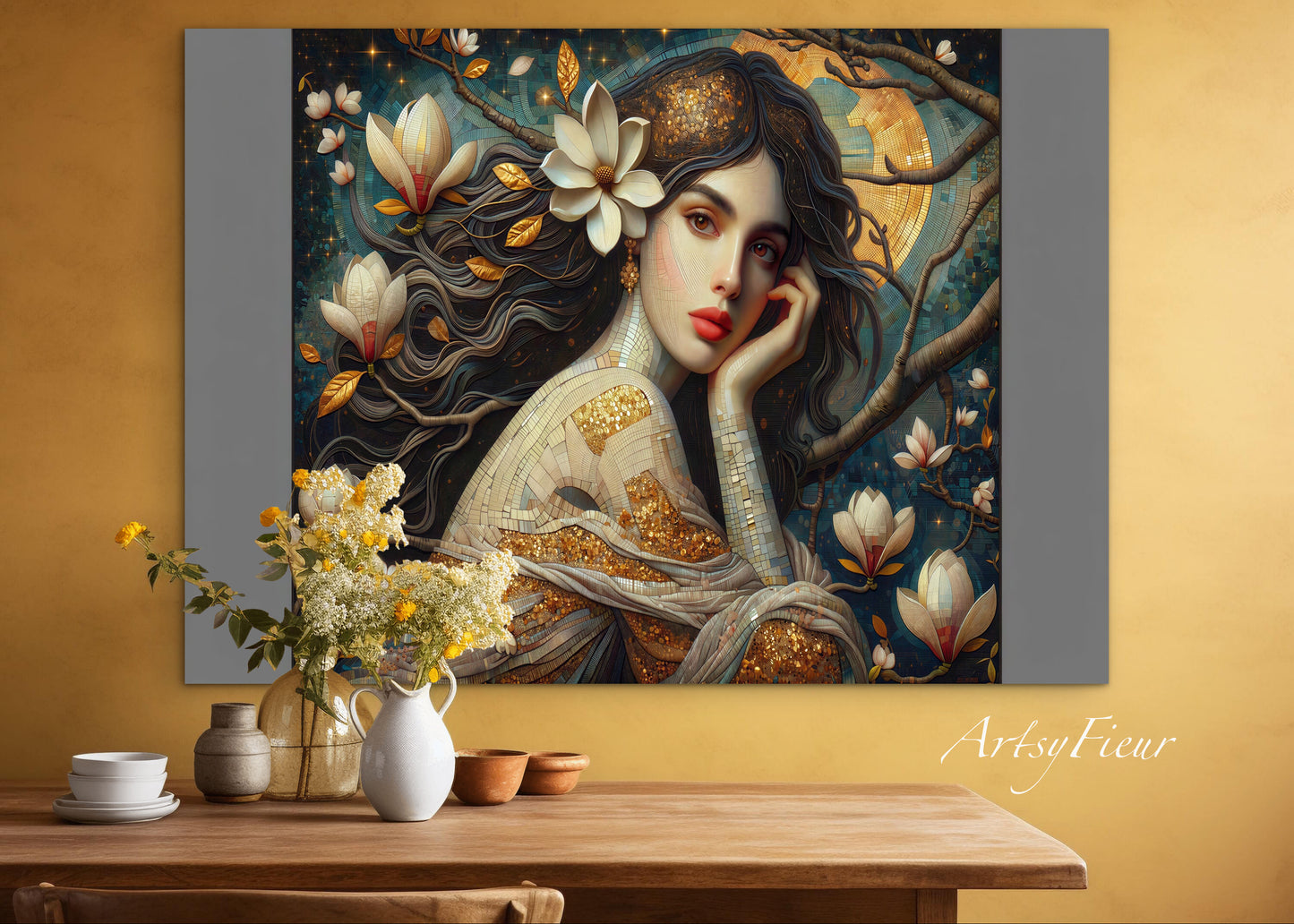 Framed Canvas- Vibrant Magnolia Flowers Beautiful Brunette Woman’s Abstract Portrait Mosaic Original Artwork Fantasy Wall Art Print