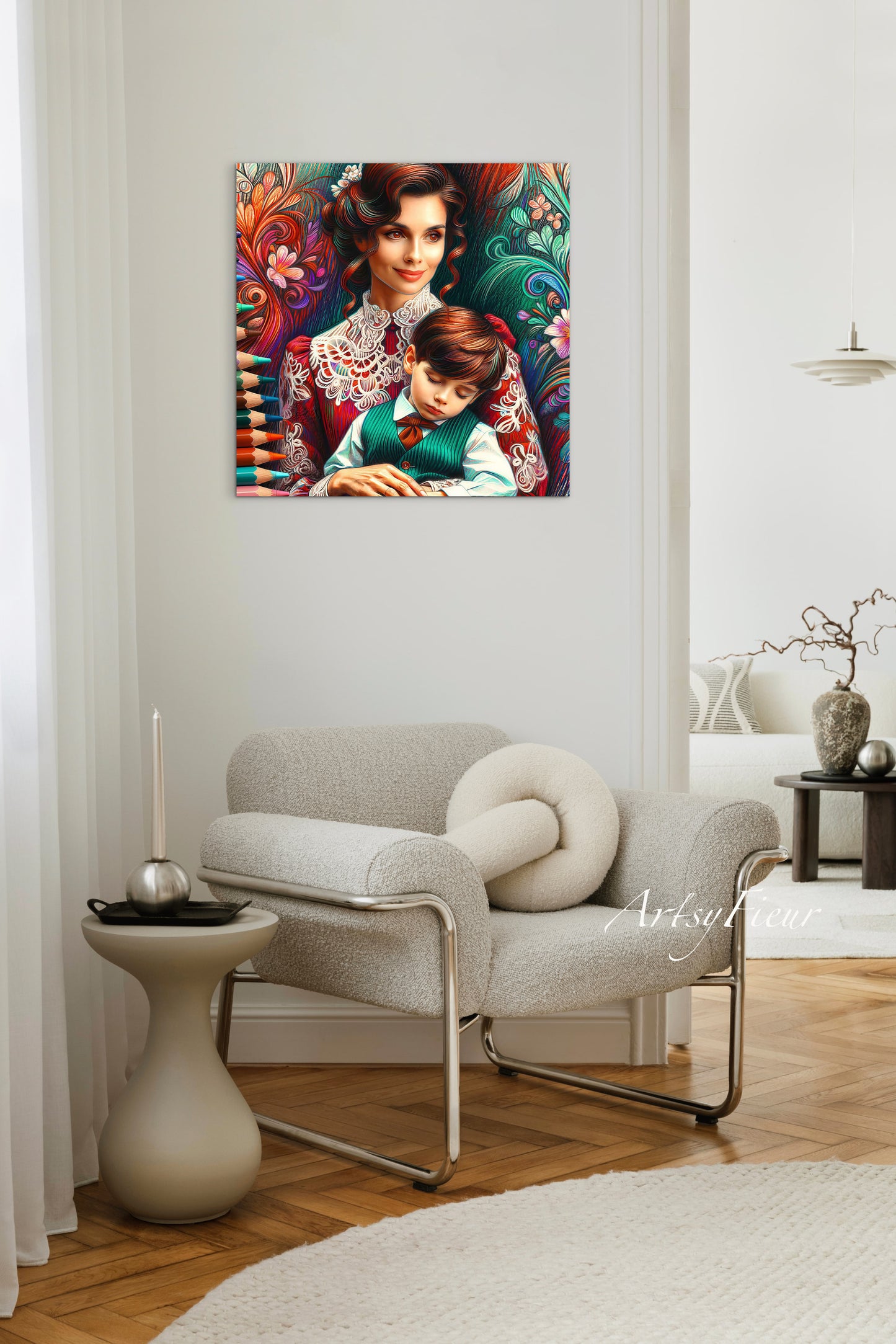 Framed canvas print Mother and son abstract coloured crayons portrait vibrant wall art