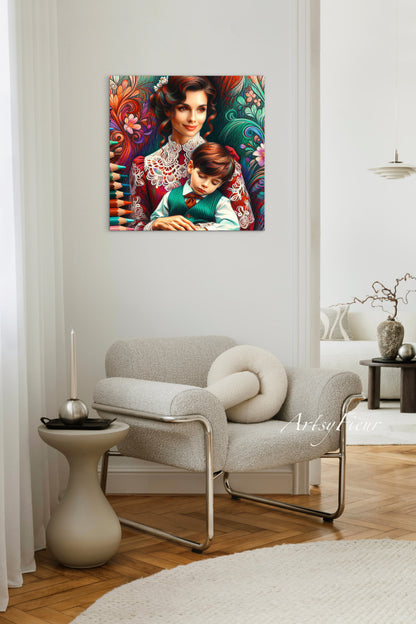 Framed canvas print Mother and son abstract coloured crayons portrait vibrant wall art
