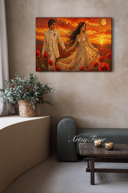 Framed canvas- whimsical full moon sunset -bride and groom, wedding, fantasy oil painting wall art print