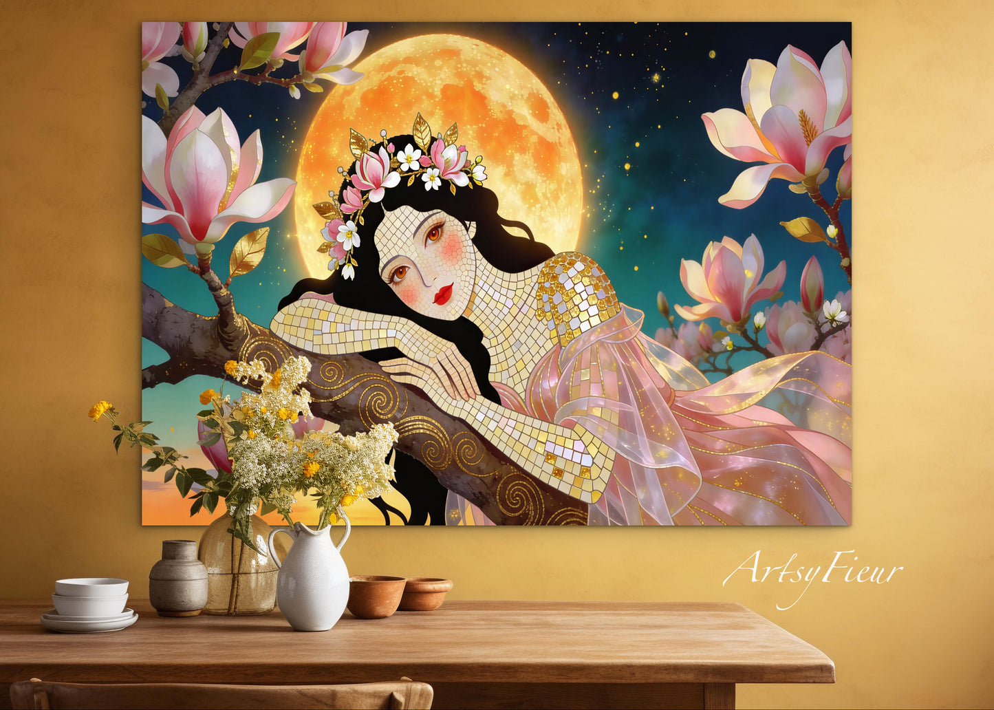 Framed Canvas- Vibrant Magnolia Flowers Beautiful Brunette Woman’s Abstract Portrait Mosaic Original Artwork Fantasy Wall Art Print