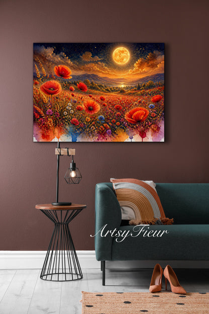 Framed Canvas Print- Vibrant Wildflowers and Poppies Oil Painting Textured Wall Art , Beautiful Original Artwork Ready to Hang Living Room, Floral