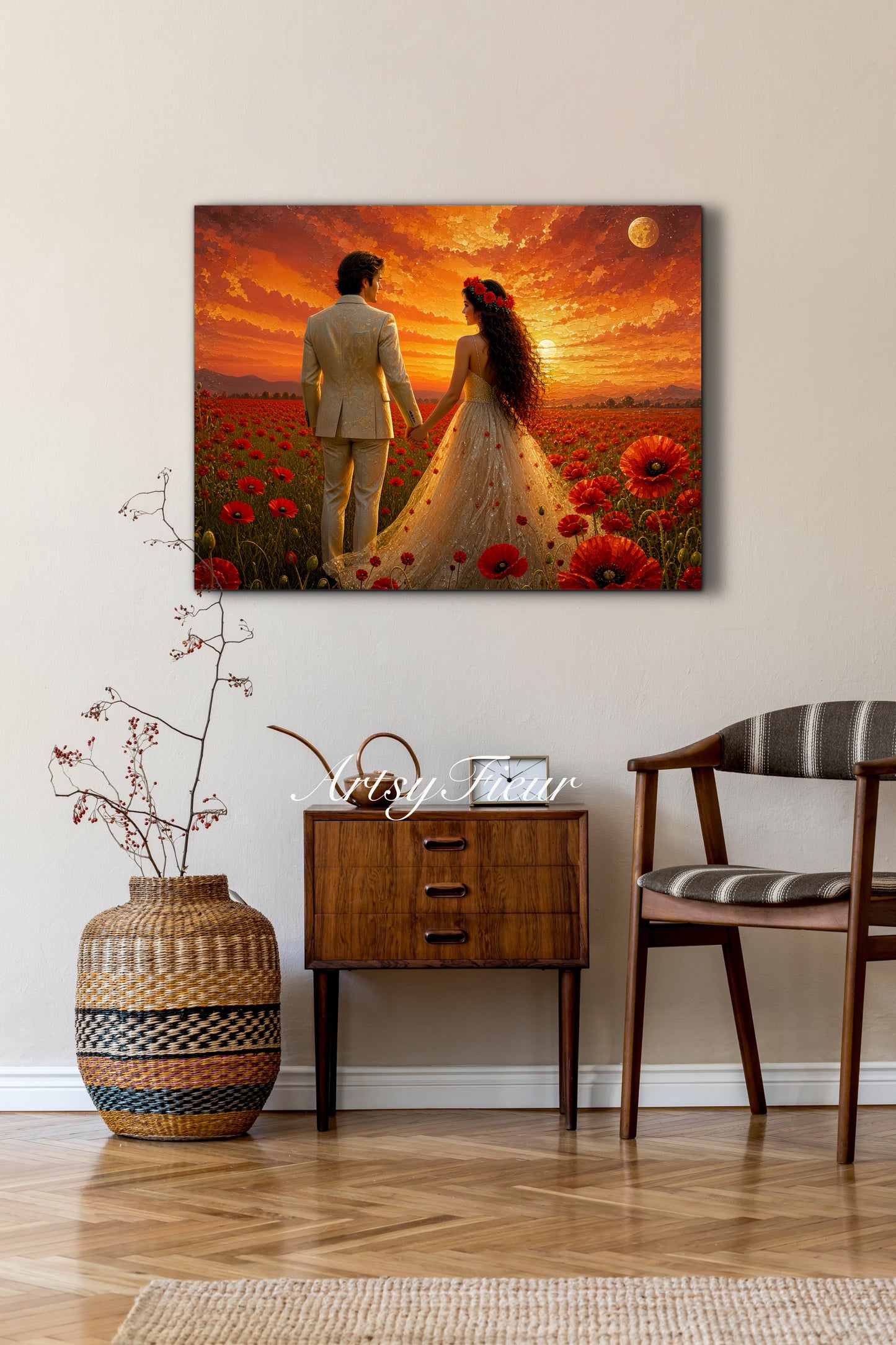 Framed canvas- whimsical full moon sunset bride and groom, wedding, poppy field, vibrant colours living room original artwork, fantasy oil painting wall art print