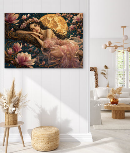 Framed Canvas- Vibrant Magnolia Flowers Beautiful Tinkerbell Woman’s Abstract Portrait Mosaic Original Artwork Fantasy Wall Art Print