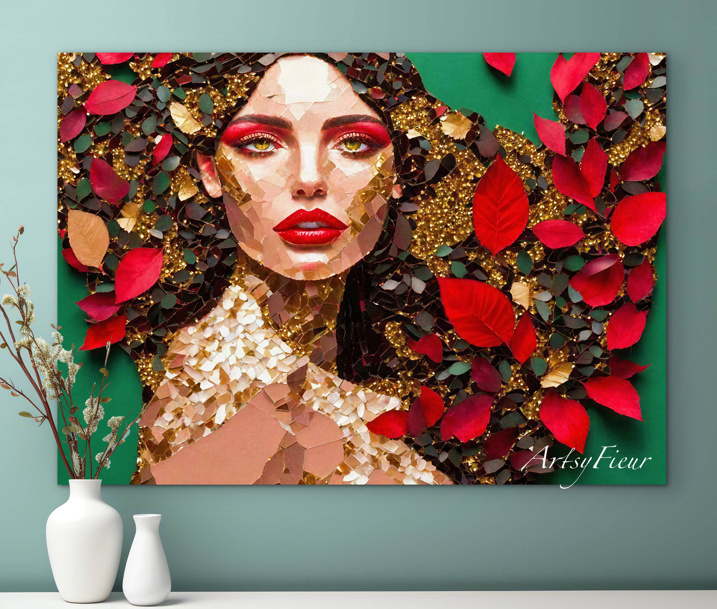 Framed Canvas- Vibrant Colours Beautiful Brunette Woman’s Abstract Portrait Mosaic Original Artwork Fantasy Wall Art Print