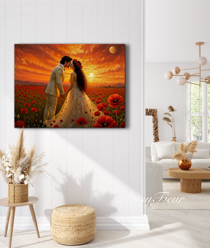 Framed canvas- whimsical full moon sunset bride and groom, wedding, poppy field, vibrant colours living room original artwork, fantasy oil painting wall art print