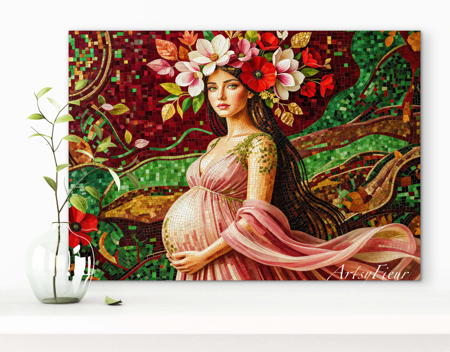 Framed Canvas- Vibrant Magnolia Flowers Beautiful Brunette Pregnant Woman’s Abstract Portrait Mosaic Original Artwork Fantasy Wall Art Print Mother Nature