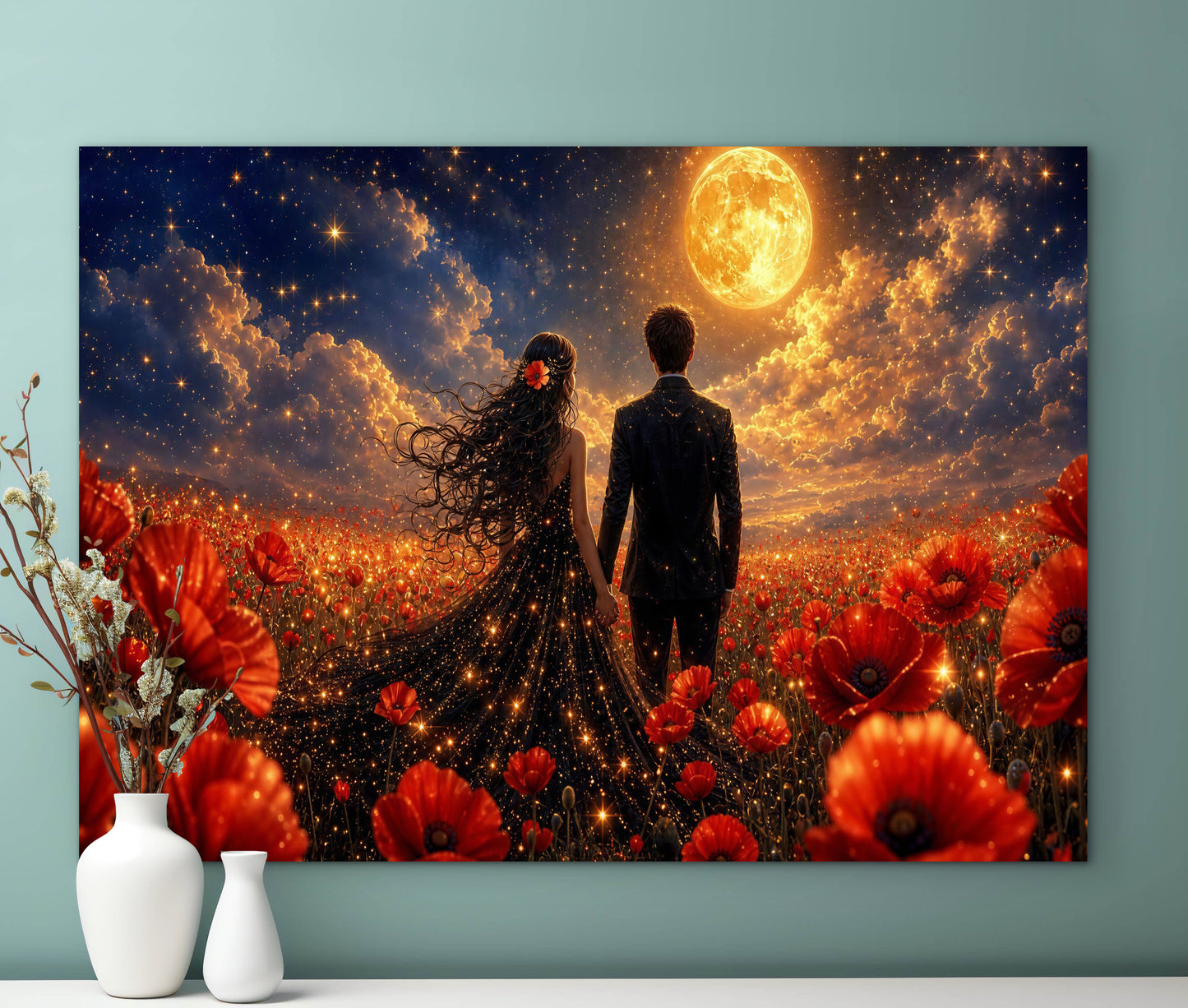 Framed canvas- whimsical full moon sunset bride and groom, black wedding dress poppy field, vibrant colours living room original artwork, fantasy oil painting wall art print