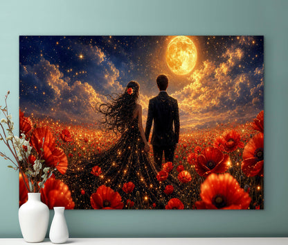 Framed canvas- whimsical full moon sunset bride and groom, black wedding dress poppy field, vibrant colours living room original artwork, fantasy oil painting wall art print