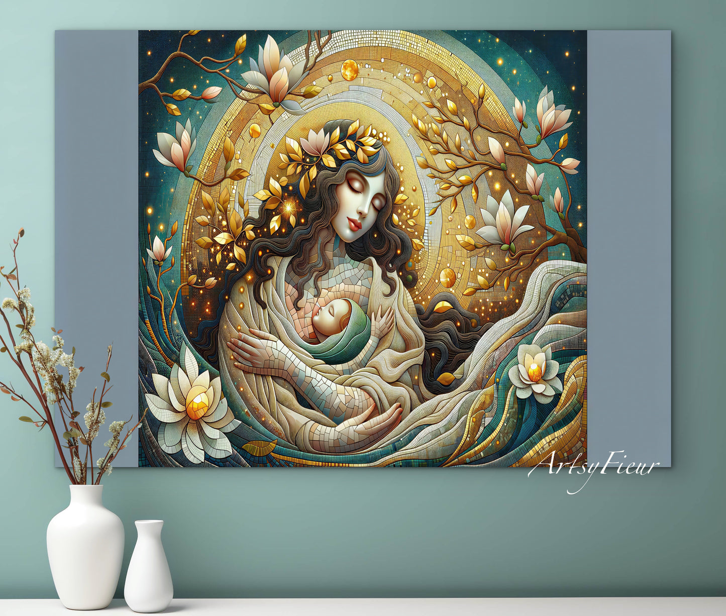 Framed Canvas- Vibrant Magnolia Flowers Mother and Daughter Portrait Original ArtworkFantasy Wall Art