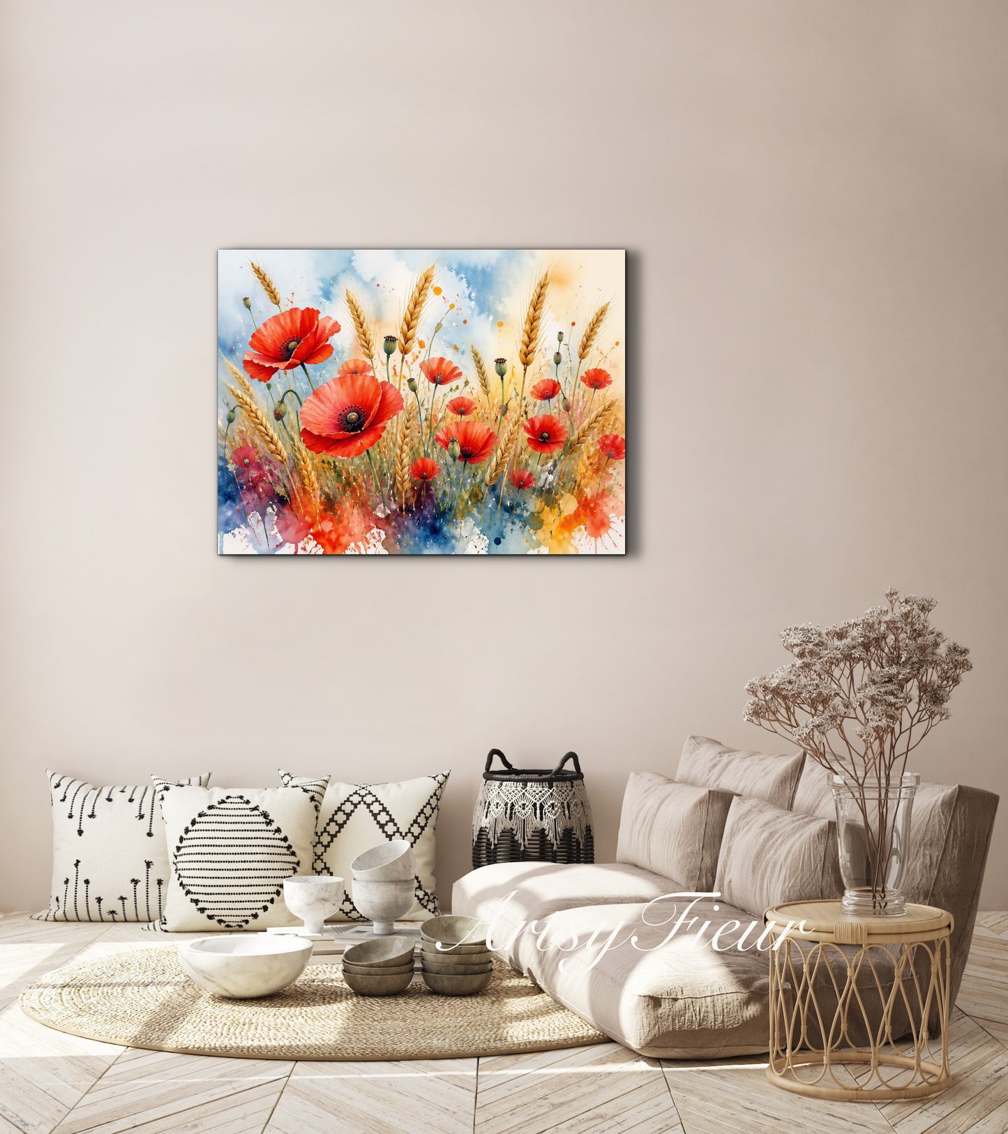 Framed Canvas Print- Vibrant Wildflowers and Poppies Oil Painting Textured Wall Art , Beautiful Original Artwork Ready to Hang Living Room, Floral