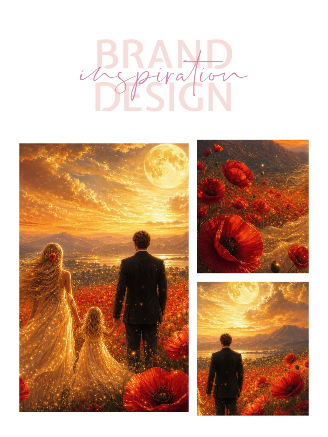 Framed Canvas Vibrant Poppies- Whimsical full moon fantasy oil painting Wedding celebration mother and daughter beautiful family portrait Original wall art print