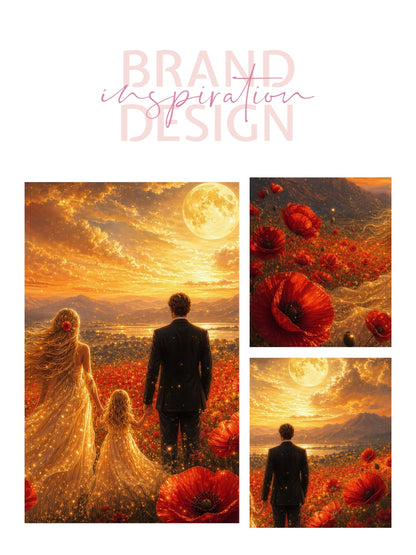 Framed Canvas Vibrant Poppies- Whimsical full moon fantasy oil painting Wedding celebration mother and daughter beautiful family portrait Original wall art print
