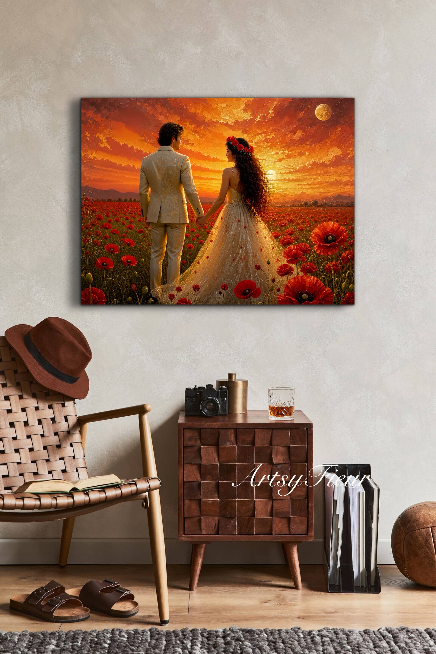 Framed canvas- whimsical full moon sunset bride and groom, wedding, poppy field, vibrant colours living room original artwork, fantasy oil painting wall art print