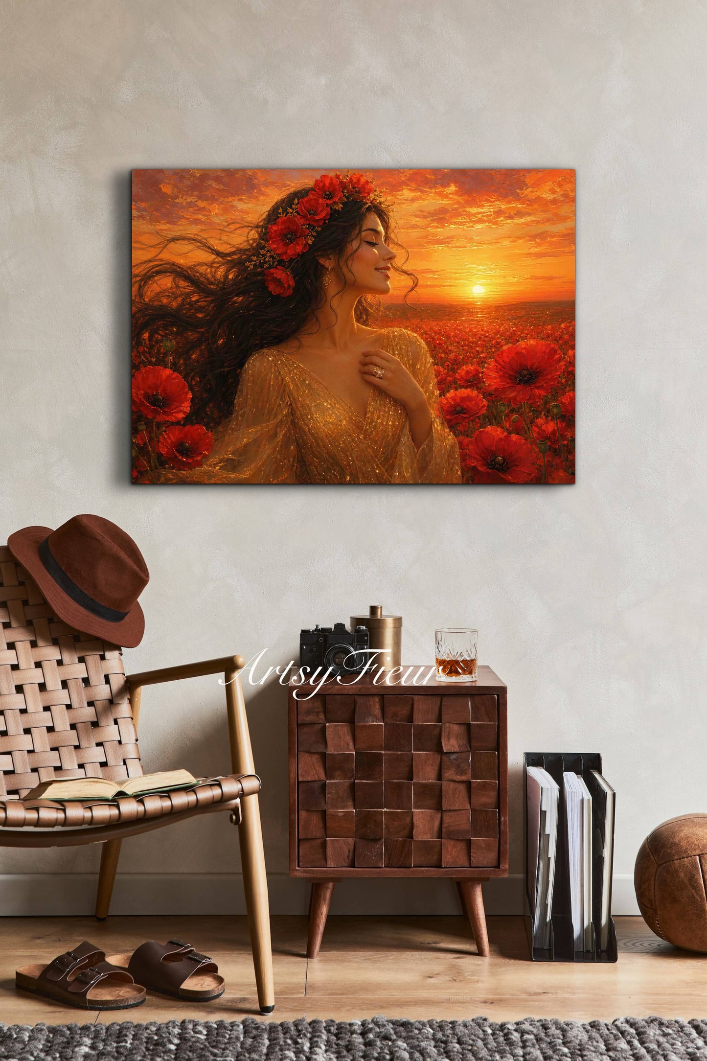 Framed Canvas - Vibrant Poppies Whimsical Full Moon Bride in Poppy Field, Wall Art Ready to hang Oil Painting Original Artwork Print