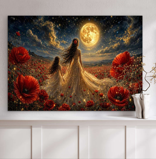 Framed Canvas- Vibrant Poppies Field Bride Mother and Daughter Portrait Whimsical Full Moon Sunset Fantasy Oil Painting Wall Art Print