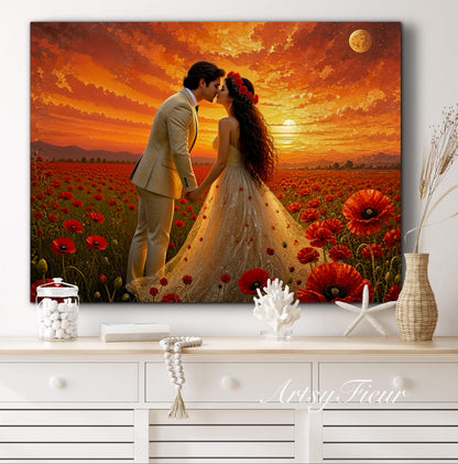 Framed canvas- whimsical full moon sunset bride and groom, wedding, poppy field, vibrant colours living room original artwork, fantasy oil painting wall art print