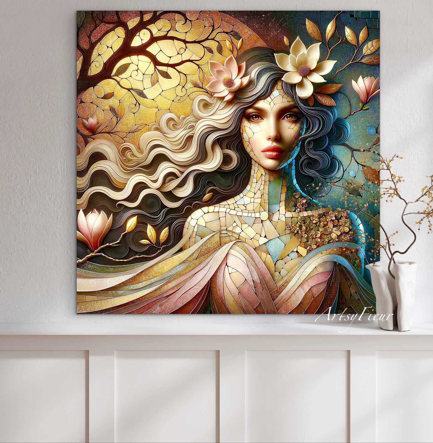 Framed canvas- Original Artwork Vibrant Magnolia Flowers Mosaic Portrait Beautiful Brunette Woman Wall Art Print