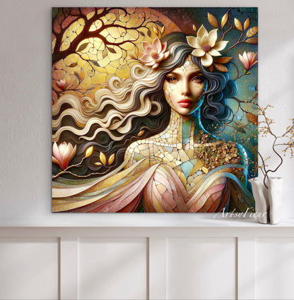 Framed canvas- Original Artwork Vibrant Magnolia Flowers Mosaic Portrait Beautiful Brunette Woman Wall Art Print