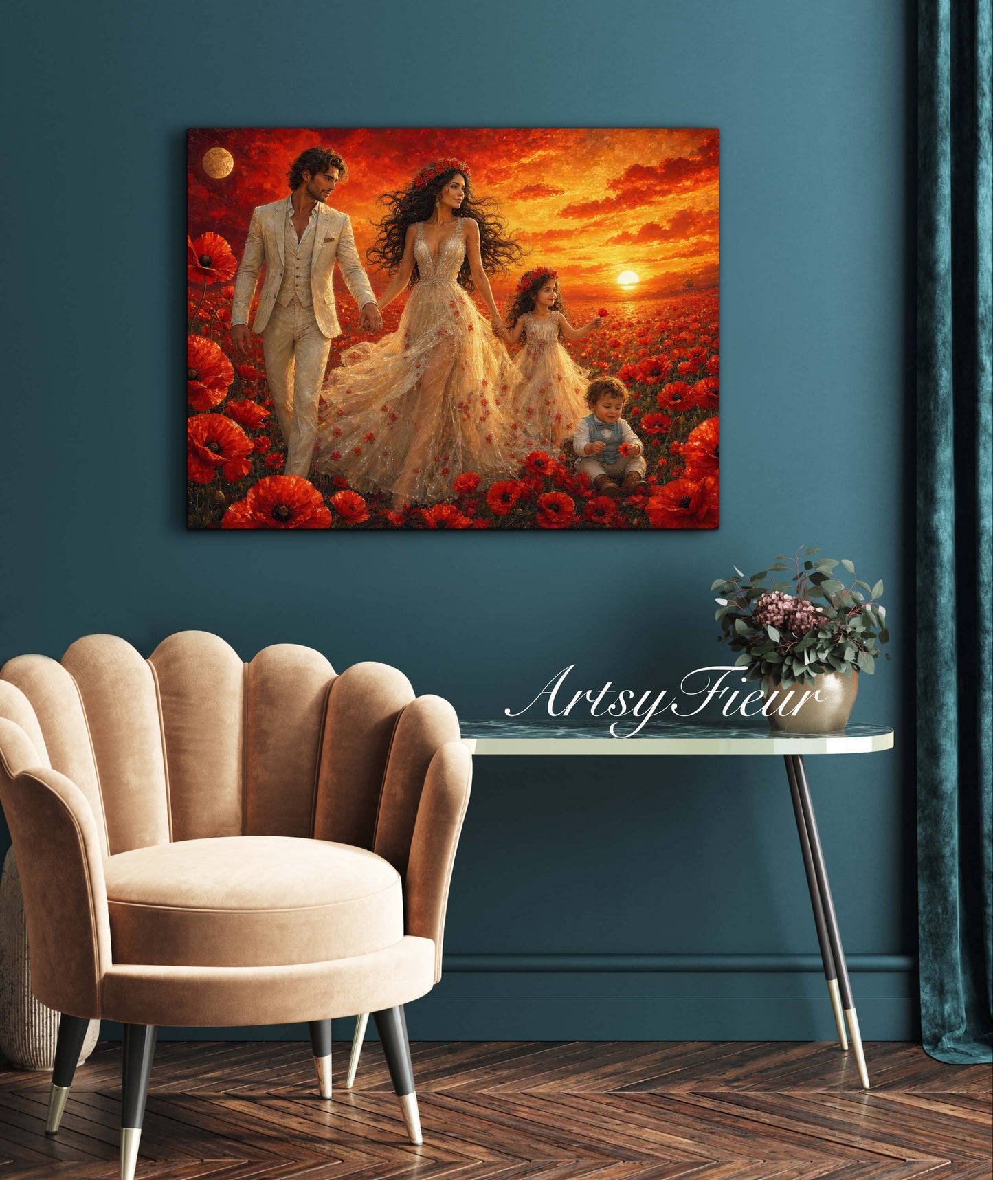 Framed Canvas- Vibrant Poppies Field Bride Groom Mother Daughter and Baby boy Portrait Whimsical Full Moon Sunset Fantasy Oil Painting Wall Art Print